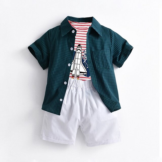 Baby & Kids Boys Clothing | Kids Boys Shirt & Shorts Clothing Set 3 Pieces Short Sleeve Green Cartoon Print Stripe Ruched Print 