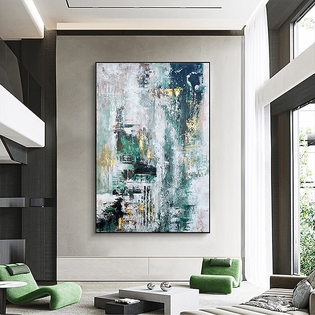 Handmade Hand Painted Oil Painting Storm Wall Art Dark Green Gold Foil