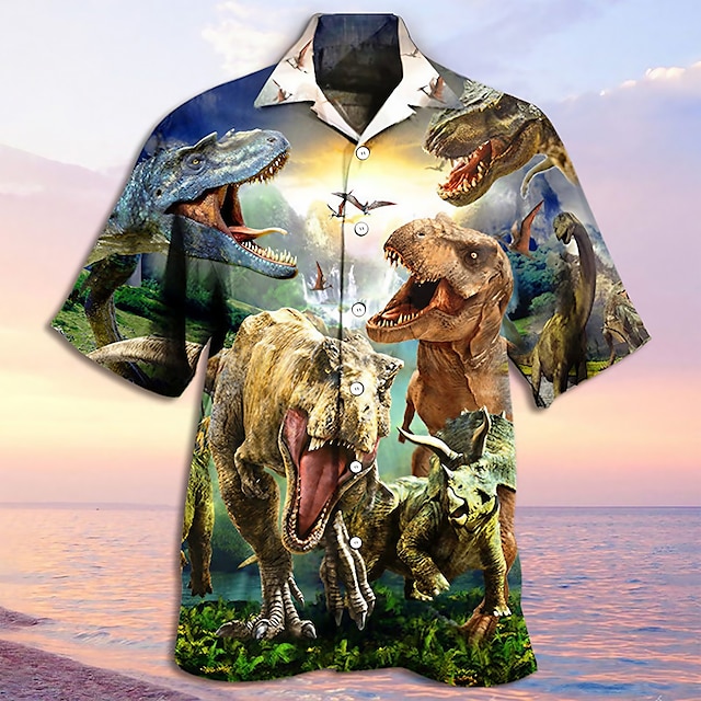  Per uomo Dinosauro Camicia Camicia con bottoni Di tendenza Originale Informale Esterno Informale Giornaliero Estate Collo ripiegabile 3D Bottone giù Marrone