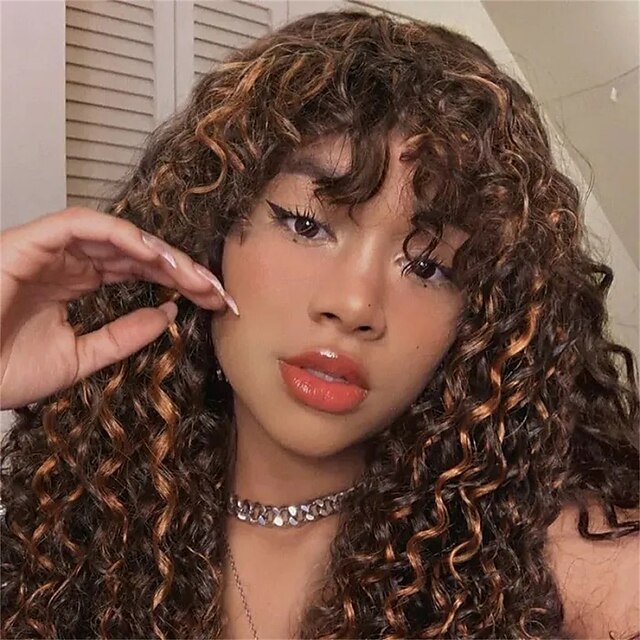 Beauty & Hair Wigs & Hair Pieces | Synthetic Wig Loose Curl With Bangs Machine Made Wig Medium Length A1 Synthetic Hair Womens C