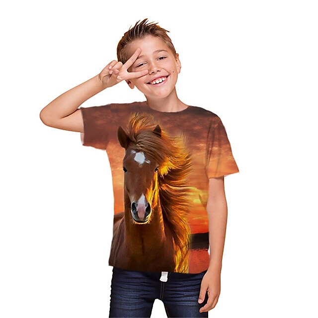 Baby & Kids Boys Clothing | Kids Boys T shirt Short Sleeve 3D Print Horse Animal Crewneck Yellow Children Tops Spring Summer Act