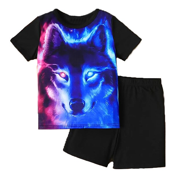 Baby & Kids Boys Clothing | Kids Boys T-shirt & Shorts Clothing Set 2 Pieces Short Sleeve Blue Wolf Animal Crewneck Print Street