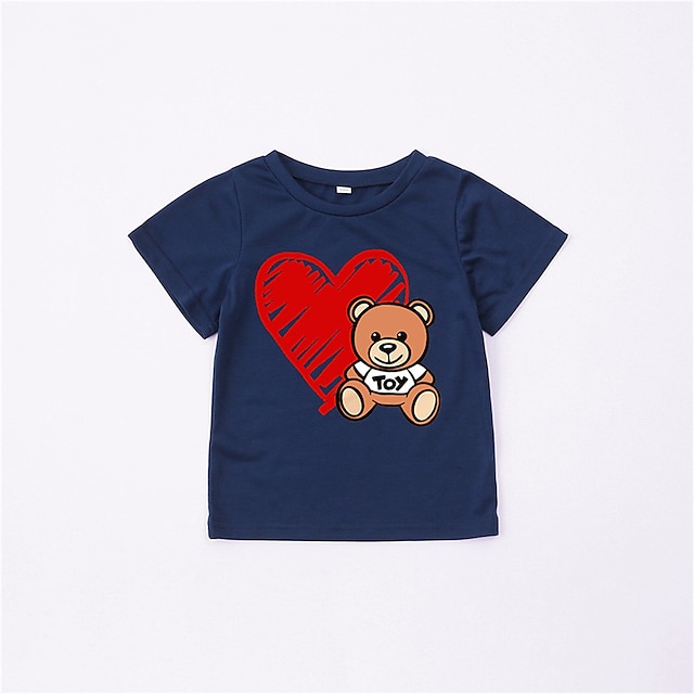 Baby & Kids Matching Outfits | Family Look T shirt Tops Heart Bear Letter Causal Print Blue Short Sleeve Daily Matching Outfits 