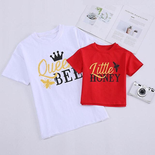 Baby & Kids Matching Outfits | Mommy and Me T shirt Tops Letter Daily Print White Gray Pink Short Sleeve Basic Matching Outfits 