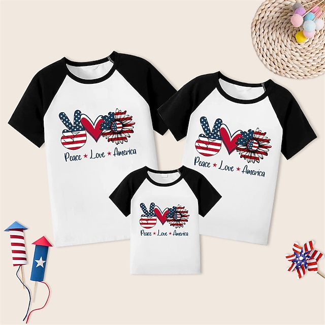 Baby & Kids Matching Outfits | Family Look American Independence Day T shirt Tops Heart Star Letter Causal Patchwork White Short