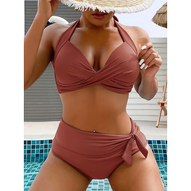  Women's Swimwear Bikini 2 Piece Normal Swimsuit Solid Color High Waisted Brown Padded Bathing Suits Vacation Sexy Sports / New