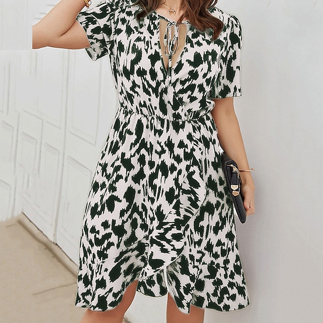 Womens Clothing Plus Size Collection | Womens Plus Size A Line Dress Leopard V Neck Print Short Sleeve Spring Summer Casual Knee