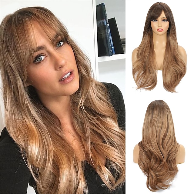 Beauty & Hair Wigs & Hair Pieces | 24 inch Ombre Dark Brown to Blonde Wig with Bangs Long Wavy Wigs for Women Ombre Brown Wigs H