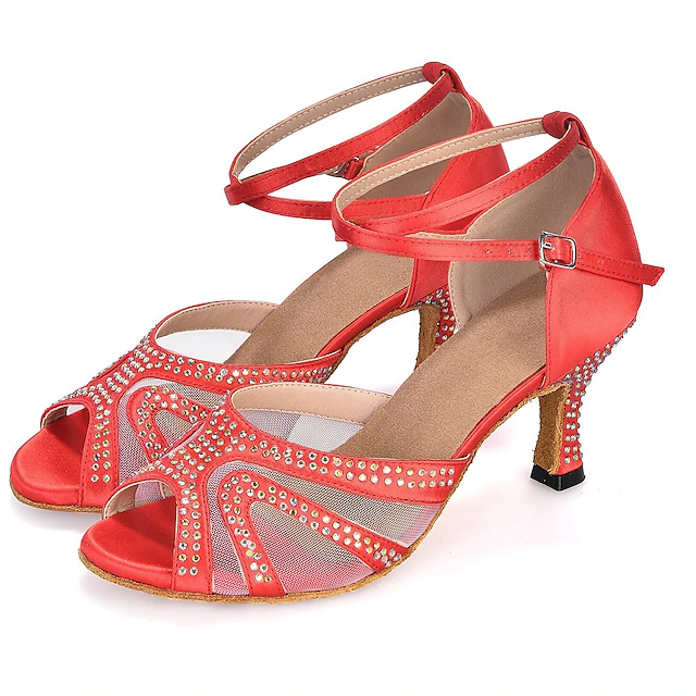 Women's Latin Shoes Salsa Shoes Performance Glitter Crystal Sequined Jeweled Heel Splicing Tulle Flared Heel Ankle Strap Black Red Blue 8