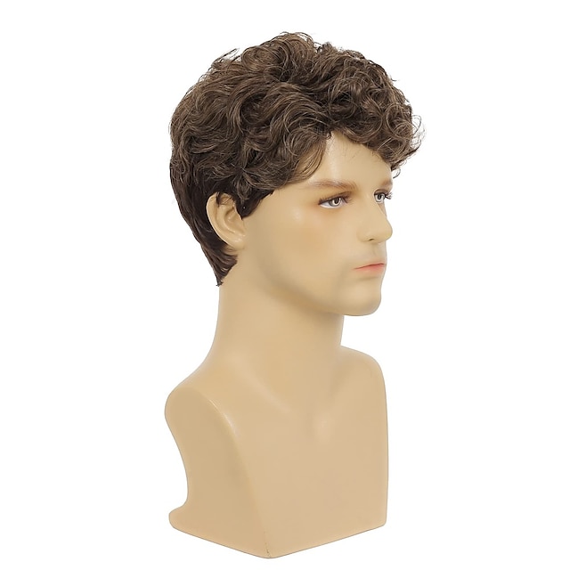 Mens Short Brown Curly Wig Costume Halloween Wig Natural Synthetic Hair Replacement Wig 2024 9247