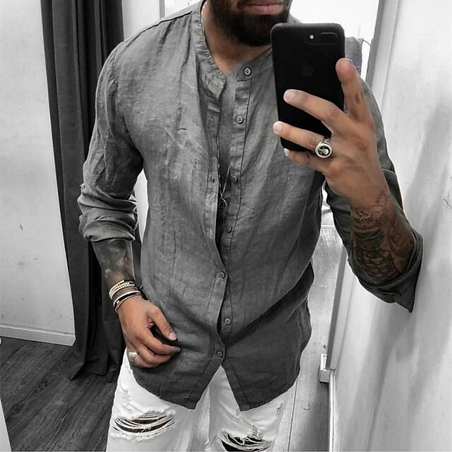 Mens Clothing Mens Shirts | Mens Shirt Solid Color Stand Collar Street Casual Button-Down Long Sleeve Tops Casual Fashion Breath