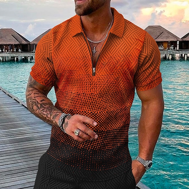  Men's Geometric Hawaiian Polo Shirts Golf Shirt Short Sleeve Polo Shirts Collared Shirts Casual Beach Wear Vacation Wear Party Outfits 3D Print Quarter Zip Polo Yellow Pink Blue