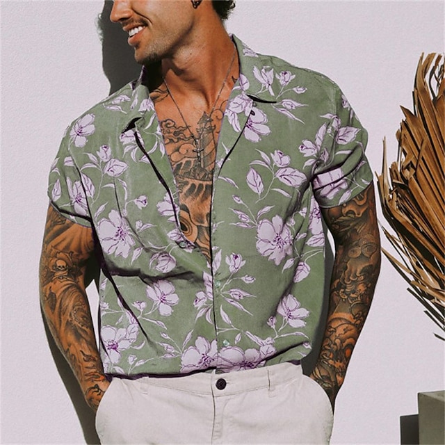  Herren Hemd Camp-Shirt Grafik-Shirt Aloha-Shirt Blumen Umlegekragen Gelb Hellgrün Blau Violett Khaki Print Outdoor Strasse Kurzarm Button-Down Bekleidung Modisch Designer Brautkleider schlicht