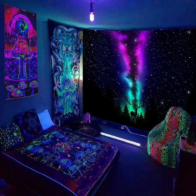  Tapeçaria de parede de luz uv preta pendurado cartaz de pano fluorescente decoração de casa fundo arte de pano casa quarto decoração da sala de estar estrela leão
