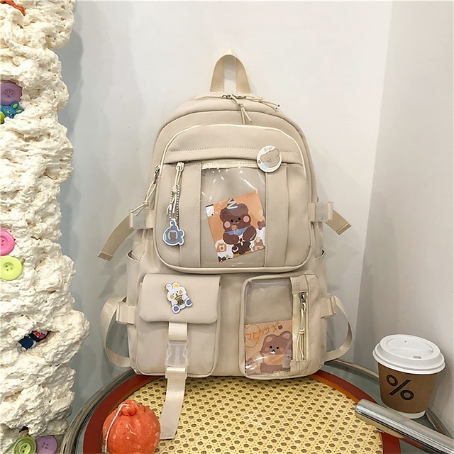  Mochila con bonitos accesorios de pin, colgante de felpa, mochila escolar kawaii, mochila estética bonita, regalo de vuelta a la escuela