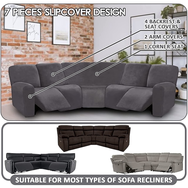  L Shape Sectional Recliner Sofa Covers Corner Sofa Velvet Stretch Reclining Couch Covers for Reclining Sofa Soft Washable(4 Backrest Cover & Seat Cover,1 Coner Sofa Cover, 2 Armrest Cover)