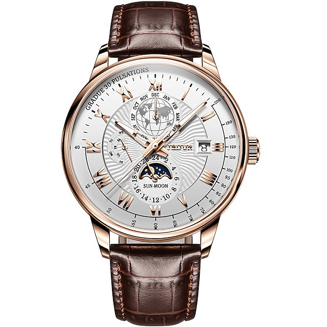  שעון מכני לגברים עסקי יוקרה שעון יד אנלוגי לוח שנה אוטומטי מתנת שעון מעור אמיתי מתפתל שלב ירח עמיד למים