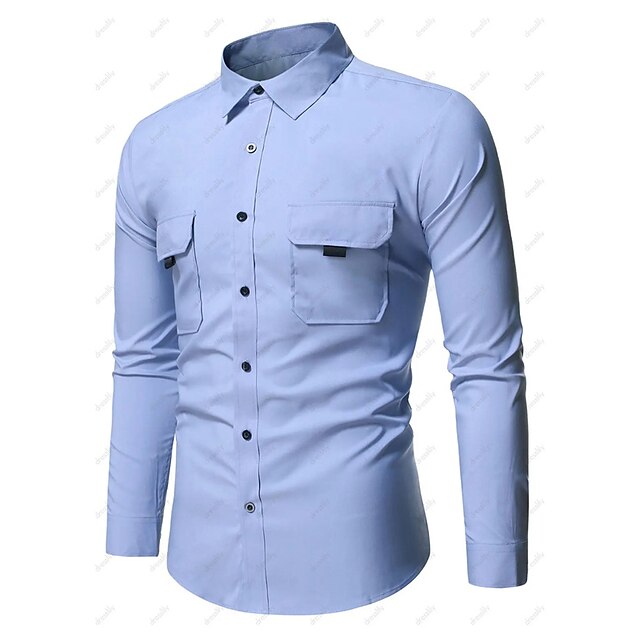 Mens Clothing Mens Shirts | Mens Shirt Solid Color Turndown Street Casual Button-Down Long Sleeve Tops Casual Fashion Breathable