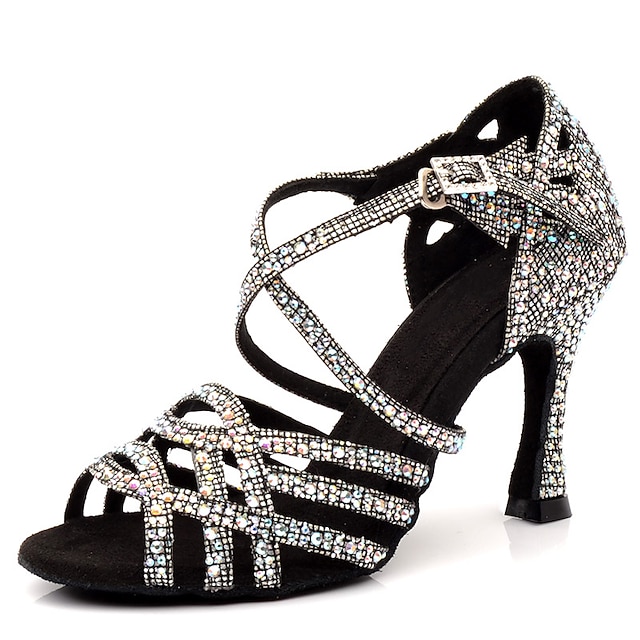  Dames Latin schoenen Salsa schoenen Toneel Voor Binnen Prestatie Glitter kristal pailletten juwelen Hakken Hoge Hak Open teen Kruisriem Volwassenen Grijs / Sprankelende glitter