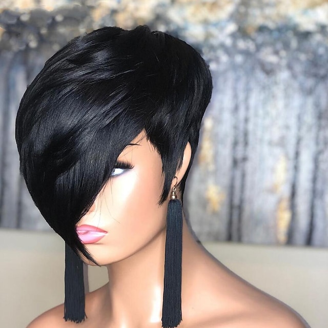  Peruca de cabelo humano de corte curto pixie com franja para mulheres negras brasileiras baratas feitas à máquina peruca de cabelo humano perucas pretas naturais