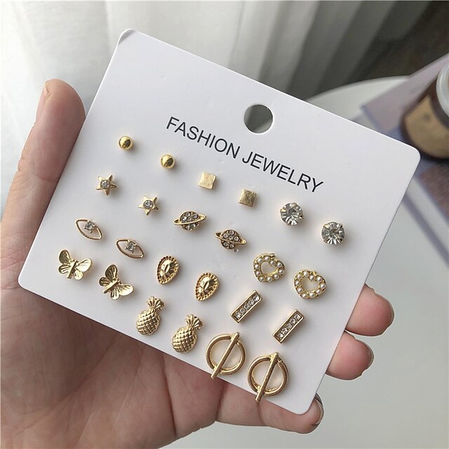 Shoes & Bags Fashion Accessories | 12 Pairs Stud Earrings For Womens Street Gift Daily Gold Plated Classic Fashion Eyes Fruit - 