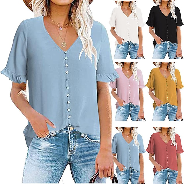  women‘s  ruffled short-sleeved v-neck buttoned multi-button an  n  shirts niche