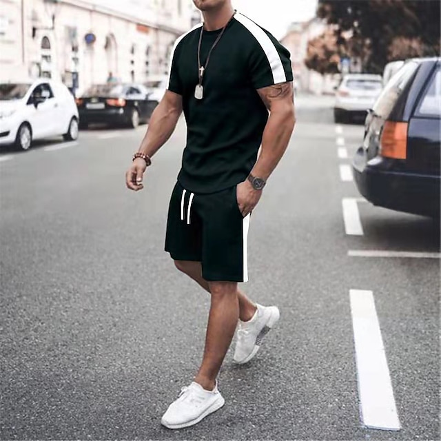  Men's T-shirt Suits Tracksuit Tennis Shirt Shorts and T Shirt Set Set Geometry Muscle Round Neck Normal Street Sports Short Sleeve Short Sleeves Patchwork 2 Piece Clothing Apparel Sports Designer