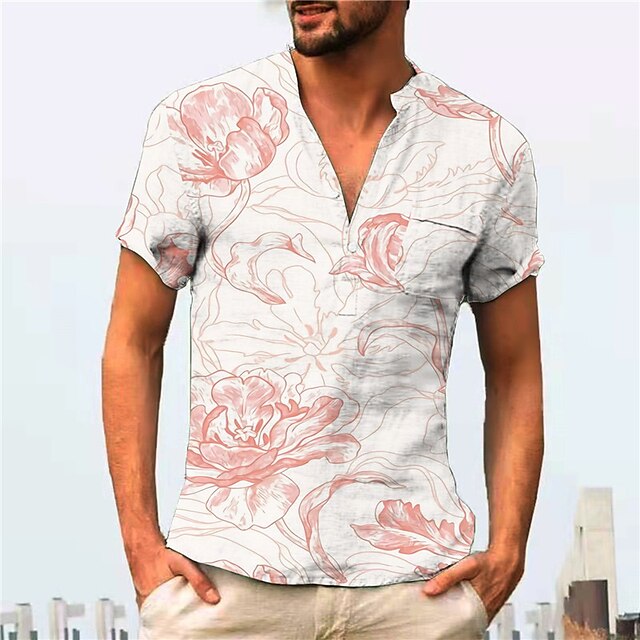 Mens Clothing Mens Shirts | Mens Shirt Print Floral V Neck Street Casual Button-Down Print Short Sleeve Tops Casual Fashion Desi