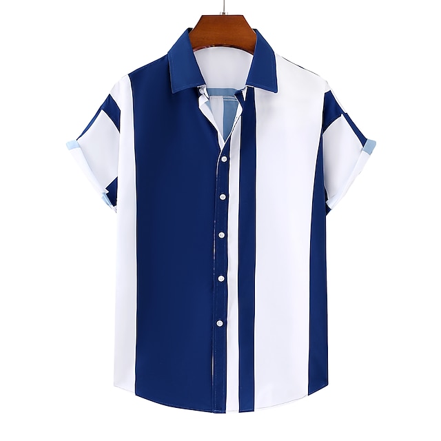  Men's Casual Shirt Graphic Shirt Striped Classic Collar Blue / White 3D Print 短袖衬衫 Casual Vacation Print Clothing Apparel Designer Casual Beach / Summer / Short Sleeve / Summer / Short Sleeve / Work