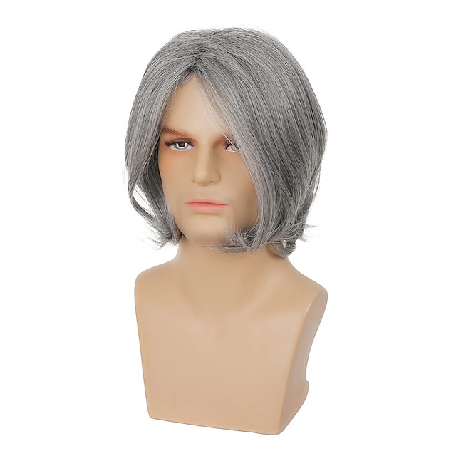 Mens Grey Wig Short Gray Wig Side Part Synthetic Hair Replacement Wig for Daily Party Costume
