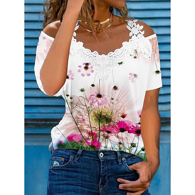  Naisten T-paita Purppura Kukka Kylmä olkapää Painettu Lyhythihainen Päivittäin Perus Olkaimeton Normaali Kukkais-teema S / 3D-tulostus