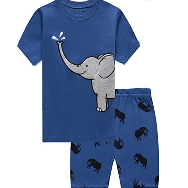 Baby & Kids Boys Clothing | Kids Boys T-shirt & Shorts Clothing Set 2 Pieces Short Sleeve Blue Elephant Animal Crewneck Print St