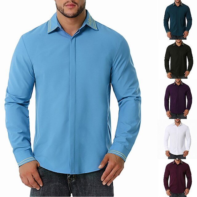  Men's Shirt Solid Color Turndown Street Casual Button-Down Long Sleeve Tops Casual Fashion Breathable Comfortable White Black Blue