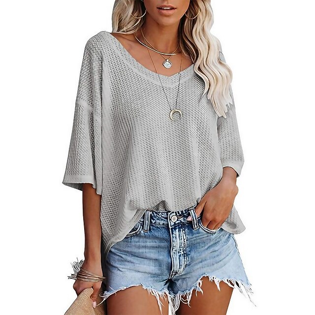 summer v-neck doll sleeve waffle knit loose solid color short sleeve t-shirt top women's 6