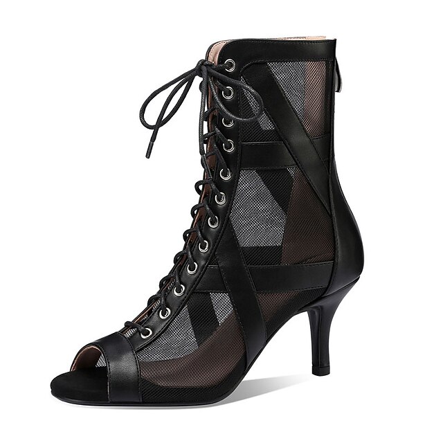 Women's Black Mesh Lace-Up Dance Boots with Open Toe and Stiletto Heel - Ideal for Ballroom and Latin Dance 6