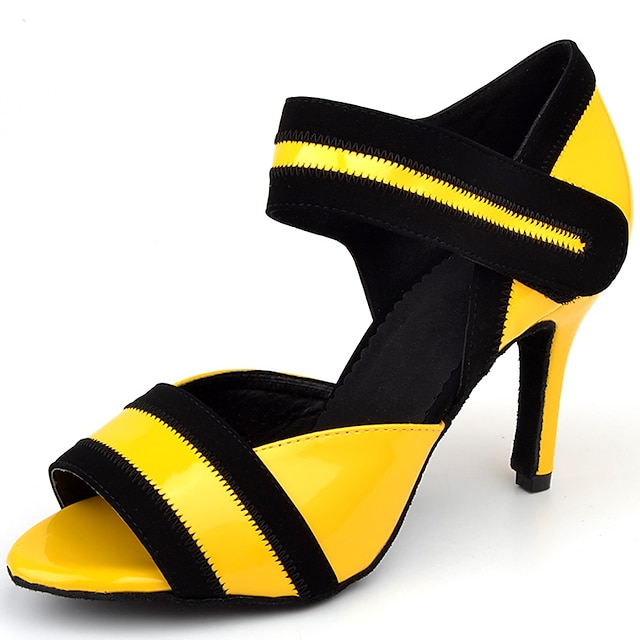  בגדי ריקוד נשים נעליים לטיניות נעלי ריקוד הצגה ChaCha רומבה עקבים שחבור עקב גבוה בוהן מציצה רצועת קרסול מבוגרים צהוב