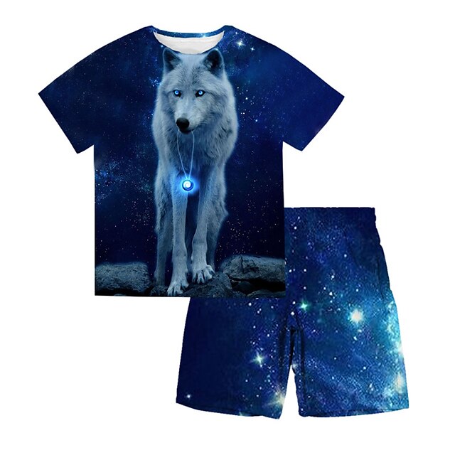 Baby & Kids Boys Clothing | Kids Boys T-shirt & Shorts Clothing Set 2 Pieces Short Sleeve Blue Gray Light gray Wolf Animal Crewn