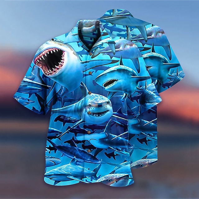  Men's Shirt Graphic Shirt Shark Turndown Blue Outdoor Street 3D Button-Down Clothing Apparel Fashion Designer Casual Breathable
