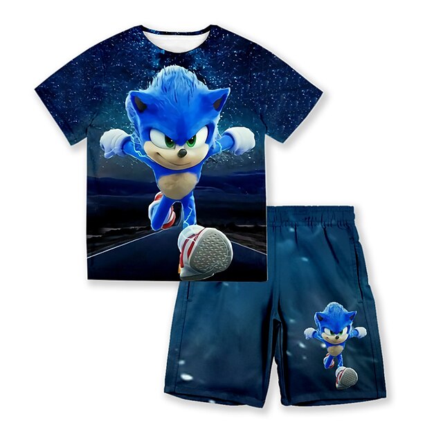 Baby & Kids Boys Clothing | Kids Boys T-shirt & Shorts Clothing Set 2 Pieces Short Sleeve Blue Cartoon Crewneck Print Street Spo