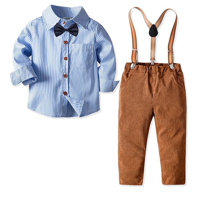 Baby & Kids Boys Clothing | Kids Boys Shirt & Pants Clothing Set 2 Pieces Long Sleeve Light Blue Stripe Bow Street Outdoor Cool 