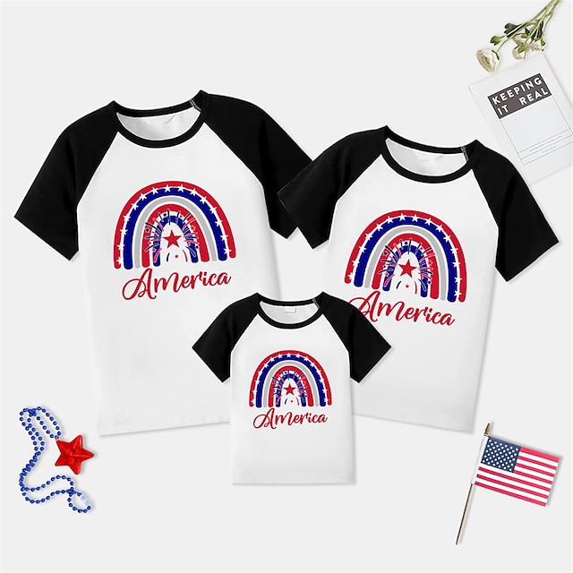 Baby & Kids Matching Outfits | Family Look American Independence Day T shirt Tops Rainbow Star Letter Causal Patchwork White Sho