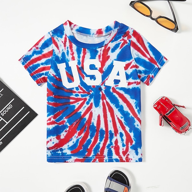 Baby & Kids Matching Outfits | Family Look American Independence Day T shirt Tops Flag Letter Causal Print Blue Short Sleeve Cas