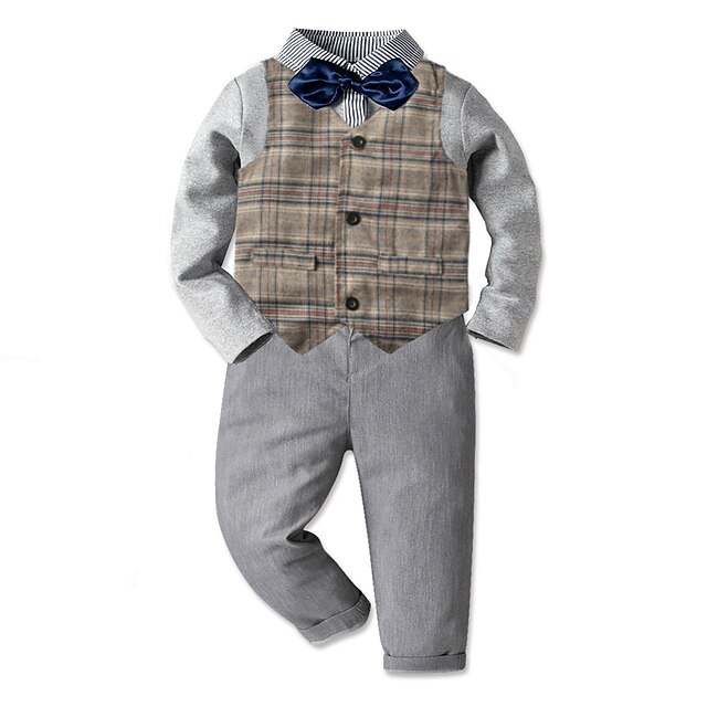 Baby & Kids Boys Clothing | Kids Unisex Formal Set Clothing Set 4 Pieces Long Sleeve Multi color Plaid Solid Color Cotton Formal