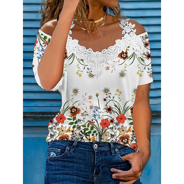  Women‘s T shirt Off Shoulder Lace Flower / Floral Daily T-shirt Sleeve Regular Summer White