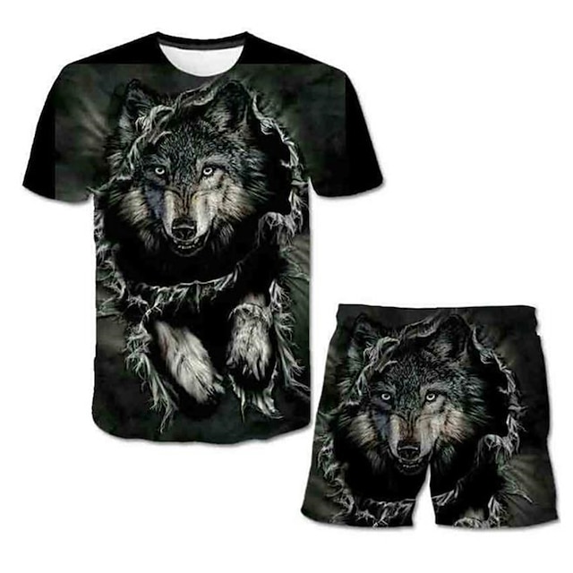 Baby & Kids Boys Clothing | Kids Boys T-shirt & Shorts Clothing Set 2 Pieces Short Sleeve Black Wolf Animal Crewneck Print Stree