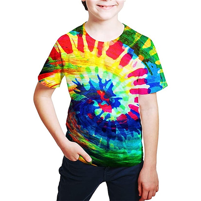 Baby & Kids Boys Clothing | Kids Boys T shirt Short Sleeve 3D Print Tie Dye Crewneck Rainbow Children Tops Spring Summer Active 