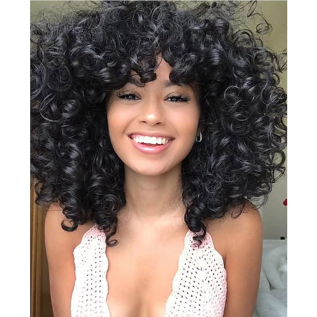  Short Curly Afro Wigs for Black Women 14 Inch Medium Curly Wig with Bangs Soft Kinky Curly Black Synthetic Hair Replacement Wigs Natural Looking Loose Curly Wig for Daily Party