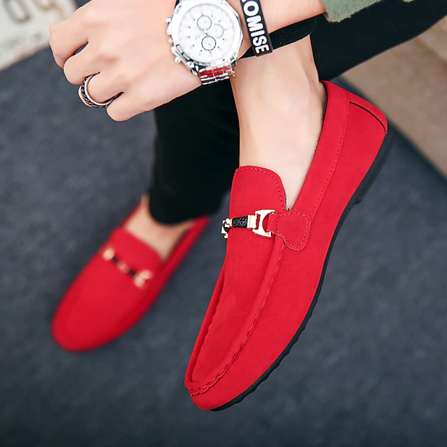 Men's Red Faux Suede Loafers, Casual Slip-On Driving Shoes with Metal Buckle Detail - Stylish and Comfortable Footwear for Daily Wear 10