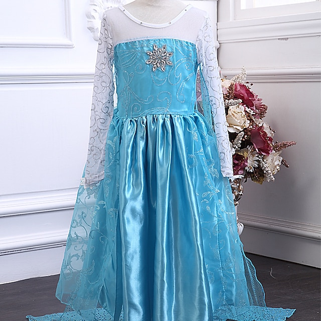  barn flickor frusen elsa kostym cosplay klänning enfärgad snöflinga blomma tyll klänning fest pegeant tryck ljusblå maxi ärmlösa prinsessklänningar vår sommar smal 3-10 år