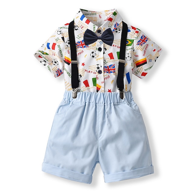 Baby & Kids Boys Clothing | Kids Boys Formal Set Clothing Set 4 Pieces Short Sleeve Blue Print Flag Letter Ruched Bow Print Part